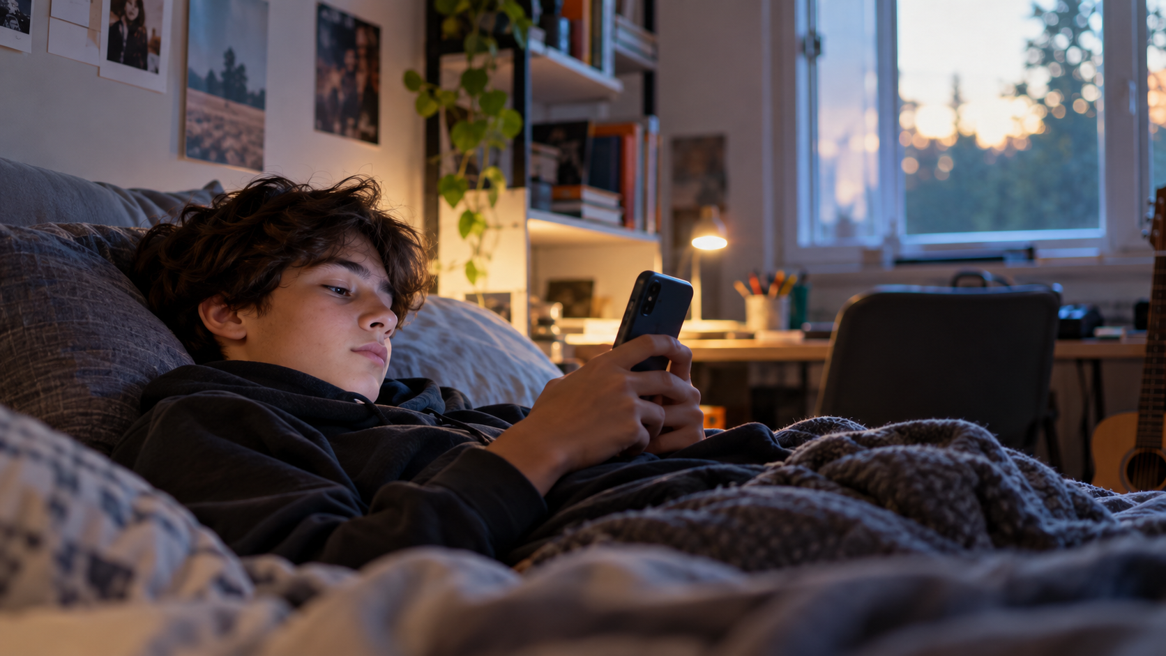 Adolescente diante do celular, em um momento reservado no quarto