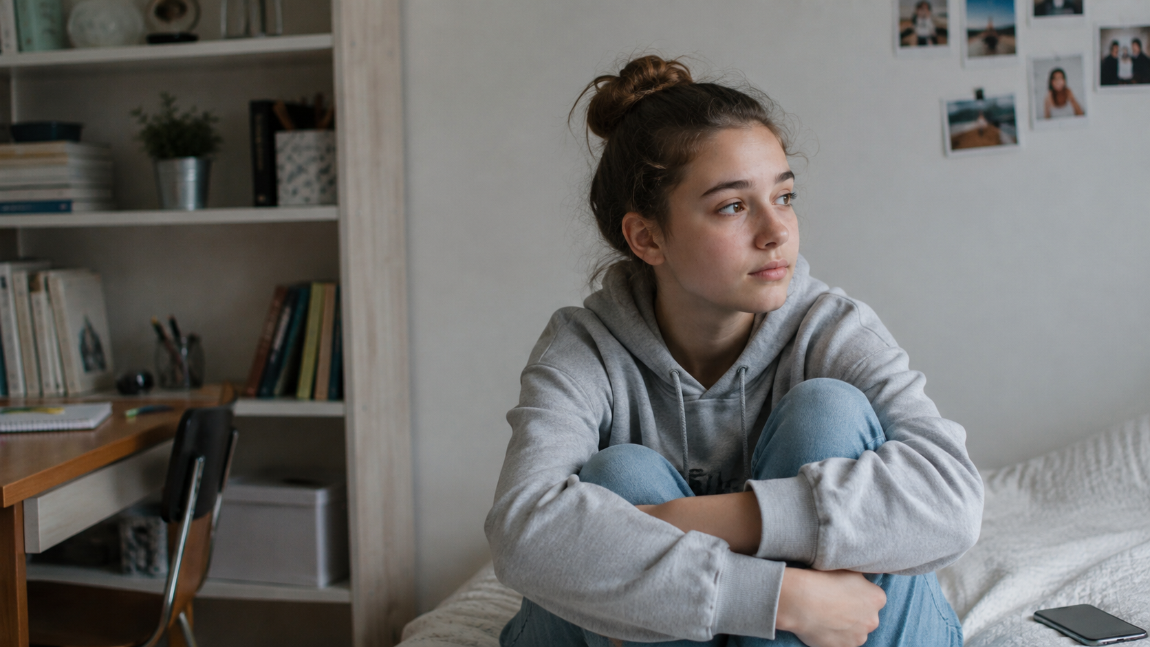 Adolescente em um quarto, em um momento tranquilo de pausa e reflexão
